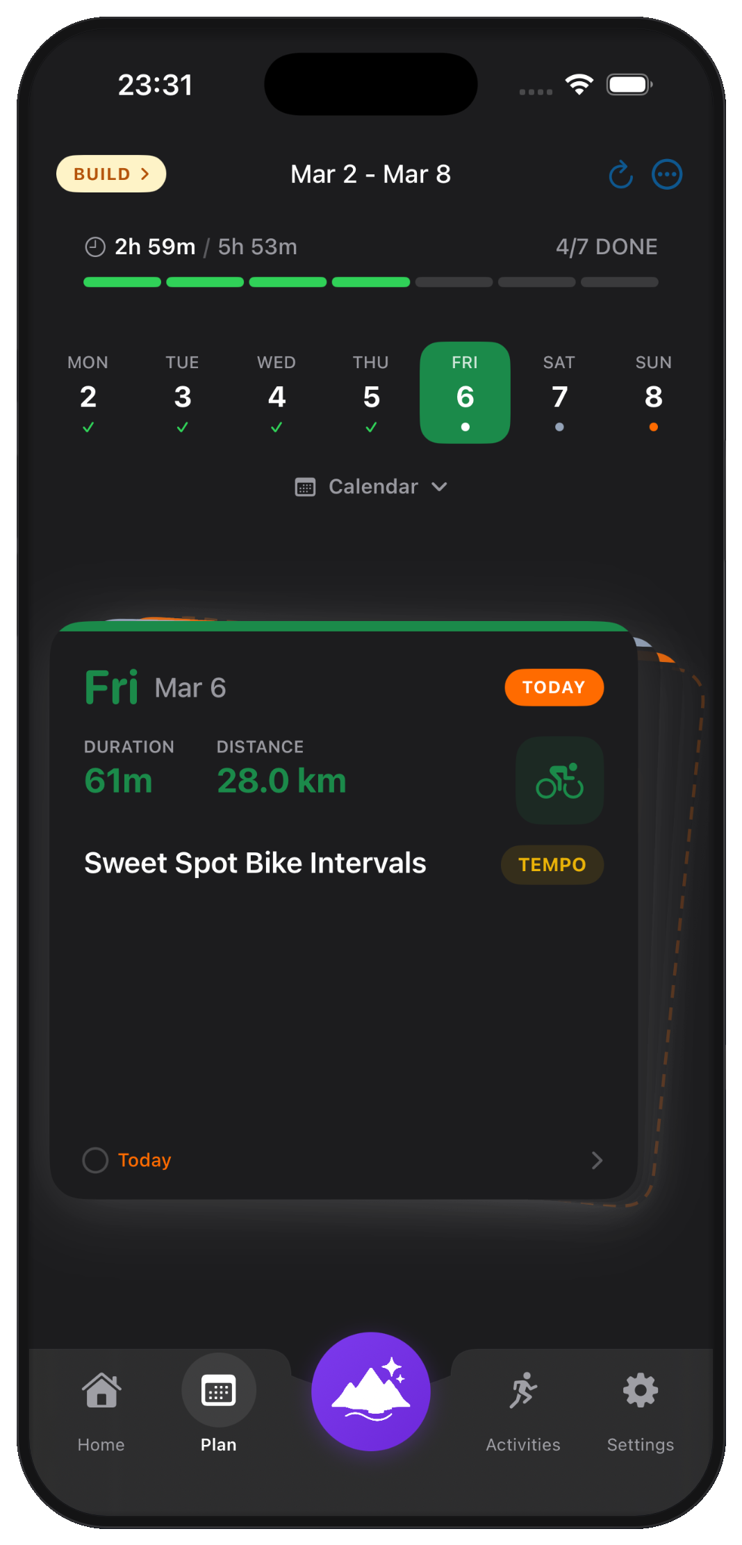 Triple Peaks weekly plan view with calendar and a Sweet Spot Bike Intervals card