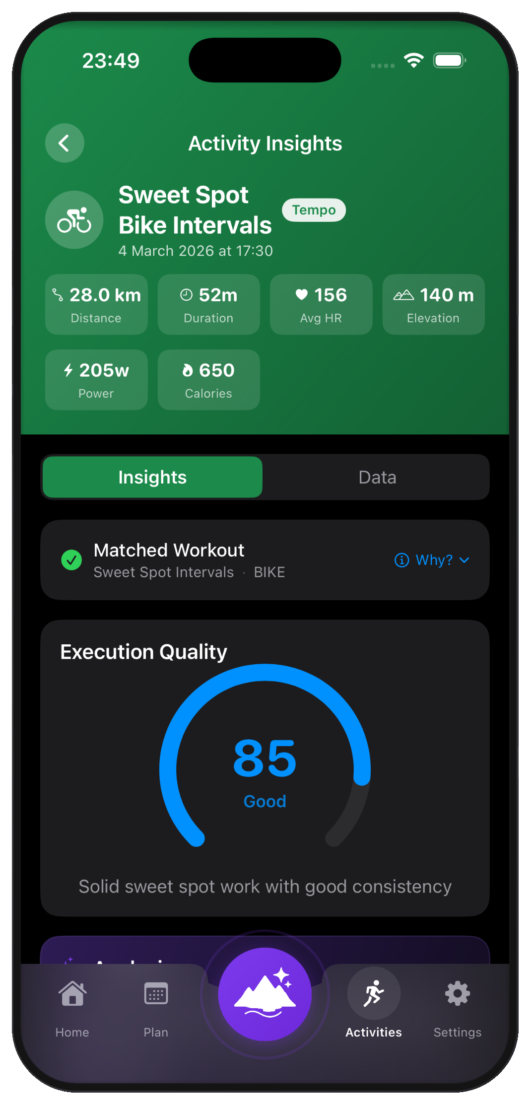 Activity Insights screen showing execution quality score of 85 for a Sweet Spot ride