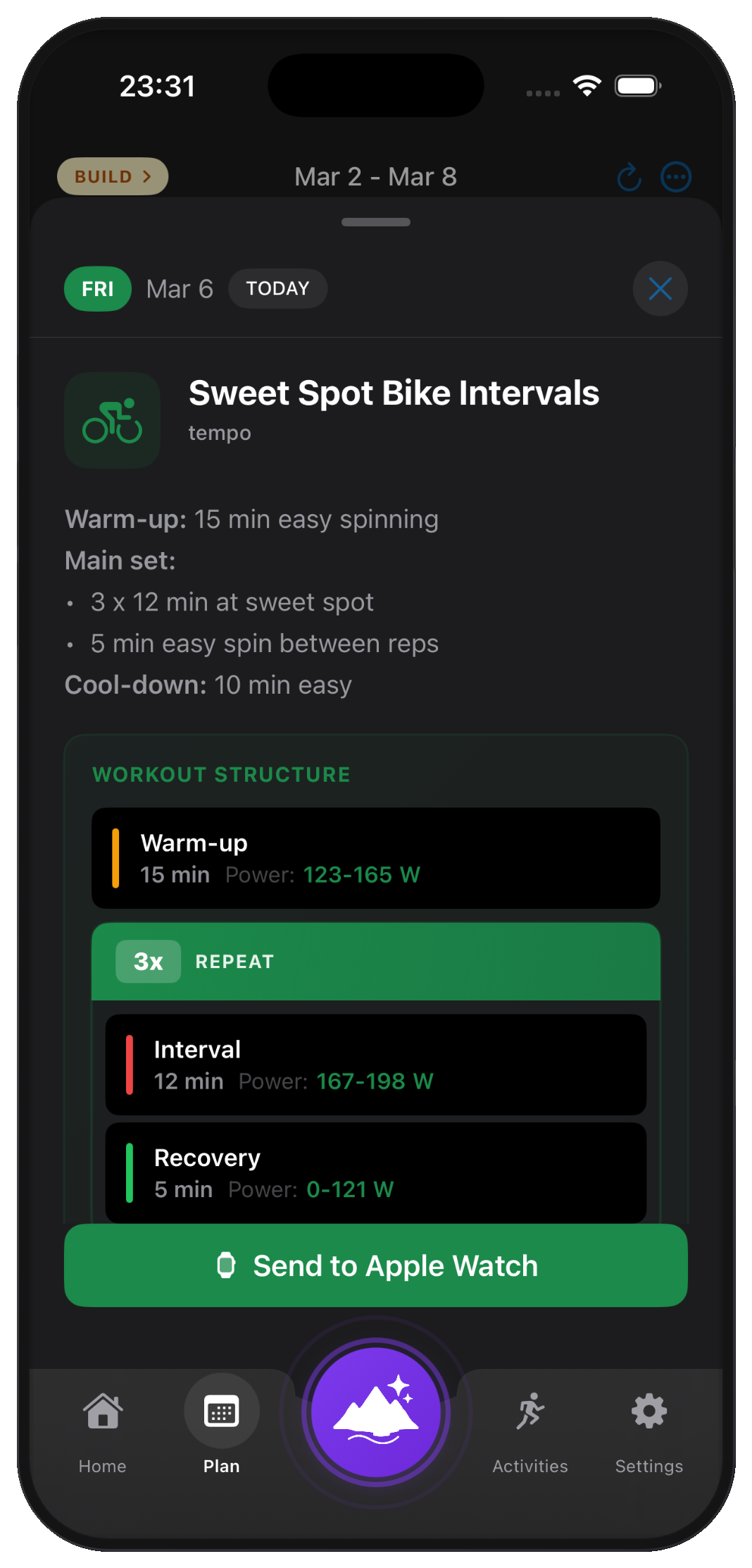 Structured workout view showing warm-up, intervals, and cool-down with target paces