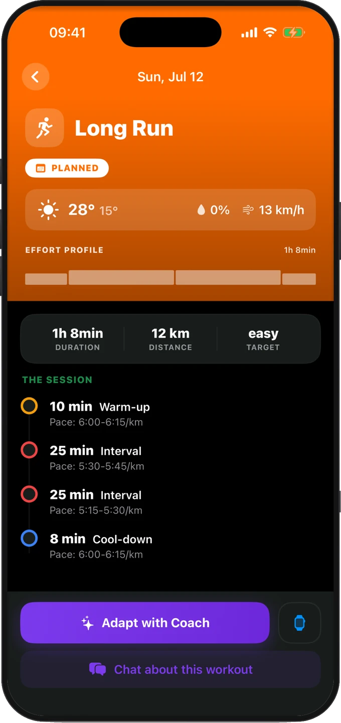Structured workout view showing warm-up, intervals, and cool-down with target paces