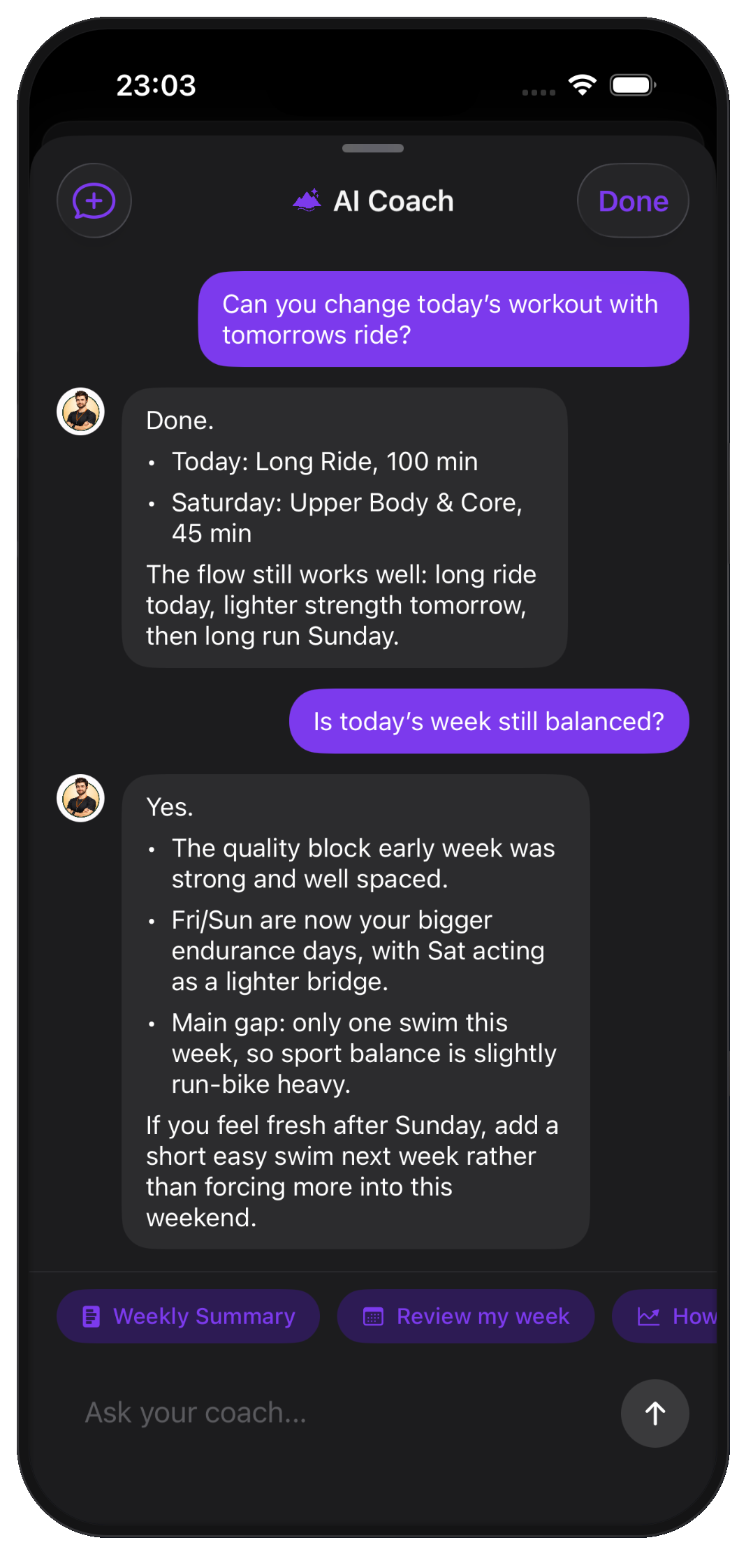 AI coach chat reshuffling the week's sessions and explaining the change