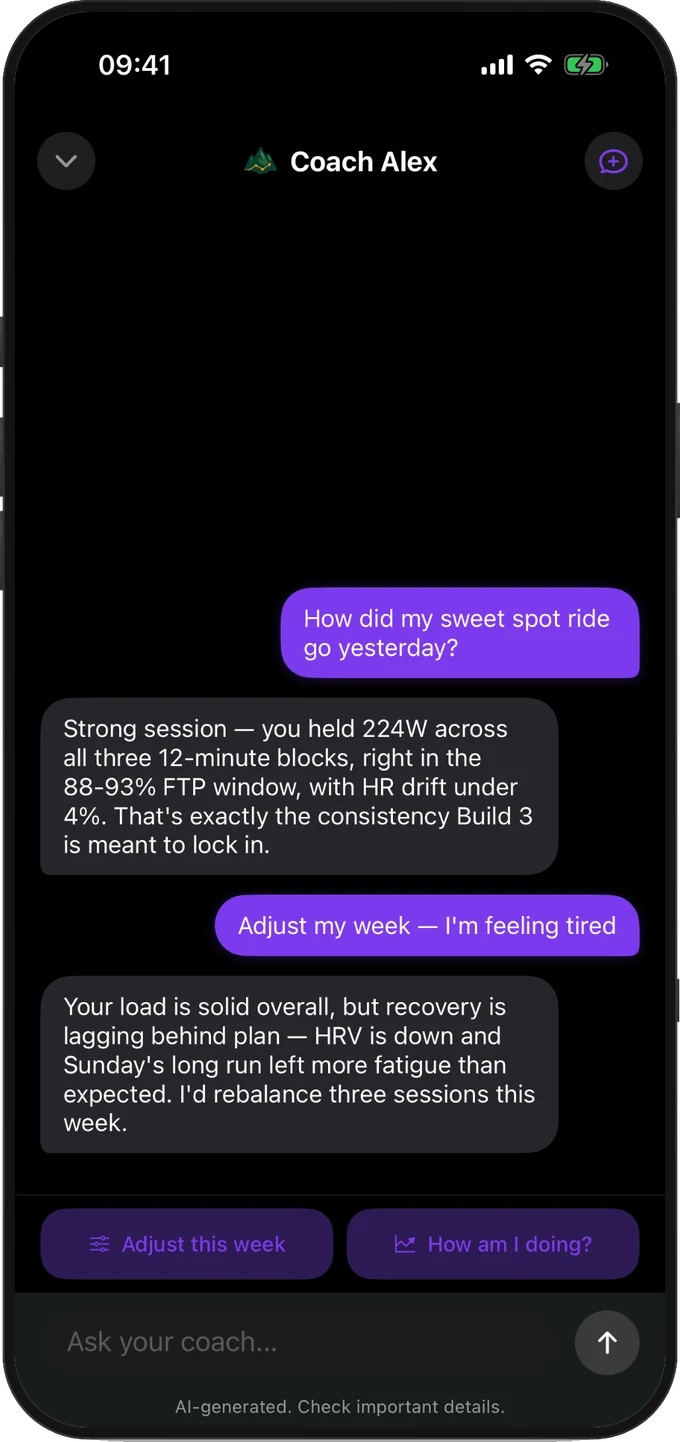AI coach chat reshuffling the week's sessions and explaining the change