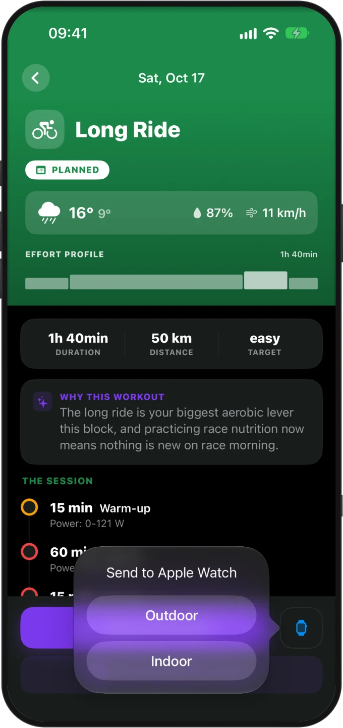 Structured long ride with power targets per step and the Send to Apple Watch dialog open